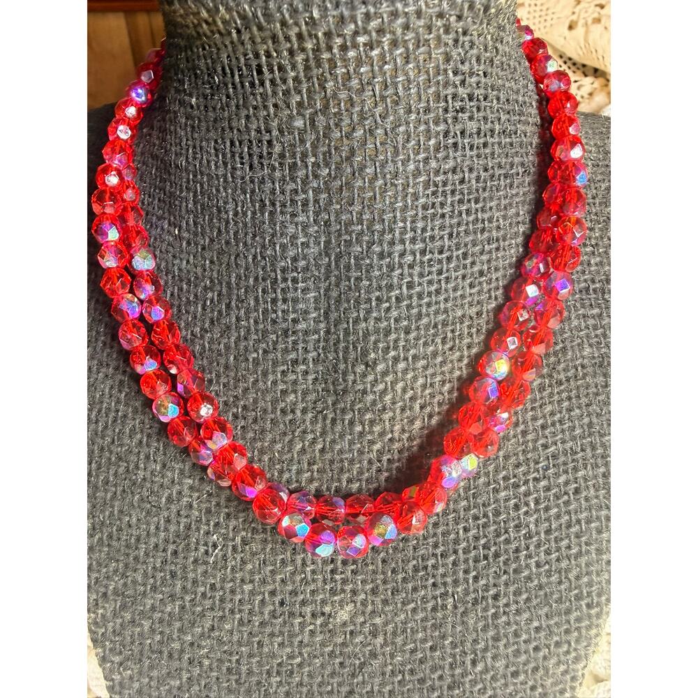 Red Vintage Czechoslovakian Purple Aurora Borealis Glass Bead Necklace 30”